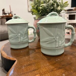 Elegant Celadon Green Bamboo Ceramic Mug Set with Lid